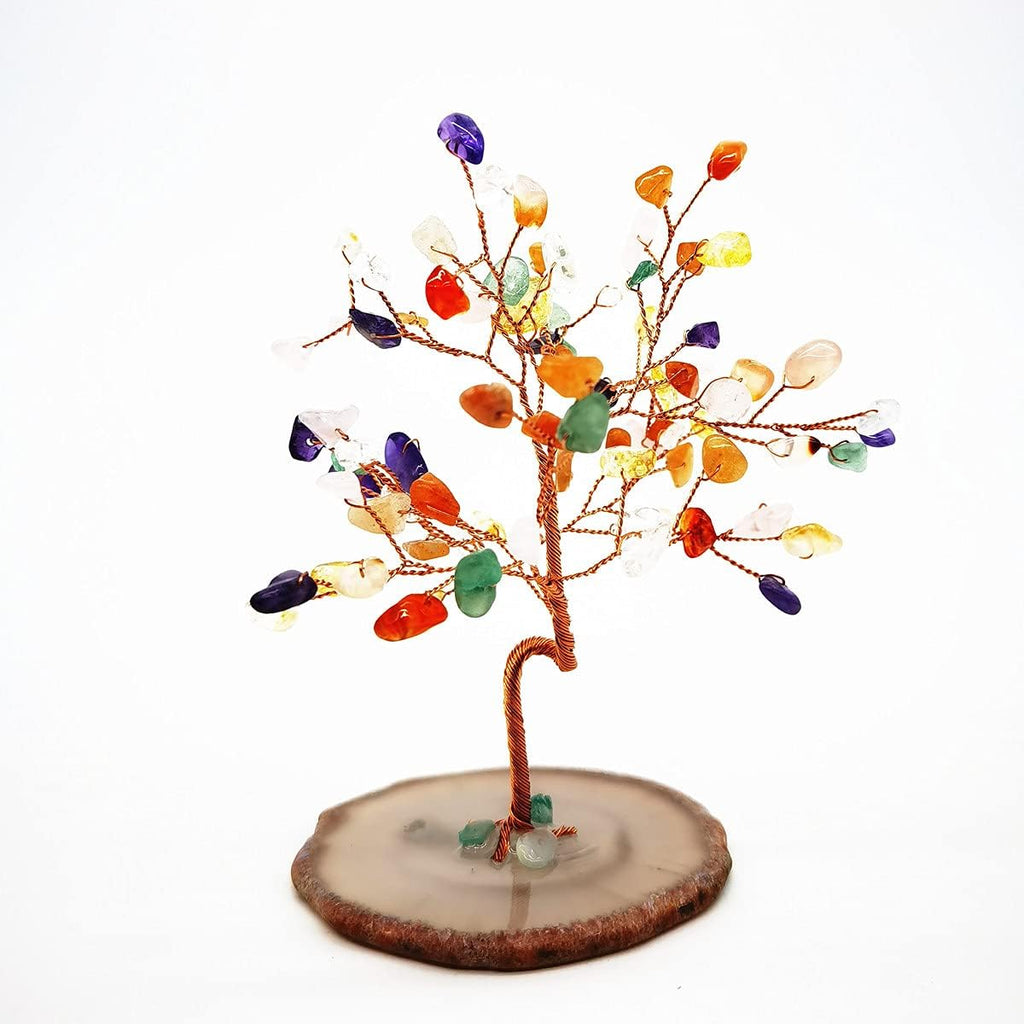 Quartz Crystal Feng Shui Money Tree Natural Agate Flakes Geode Base Bonsai Style Decoration for Luck and Wealth 3.6"- 4.6" (Multicolor)