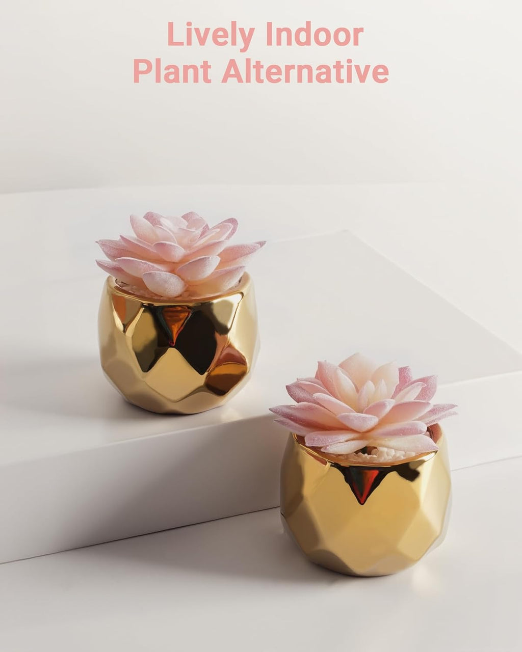 VIVERIE Mini Succulents Plants Artificial in Pots-Pink with Golden Ceramic, Christmas Small Fake Succulents Plants for Home Decor Indoor for Women, Set of 2, Gifts for Mom