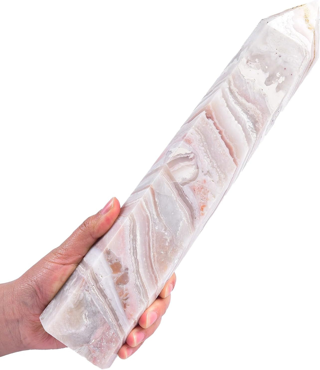 JIC Gem Extra Large Pink Agate Crystal 6 Faceted Geode Tower Natural Pink Healing Crystal Obelisk Point Wand Reiki Chakra Therapy Home Decor Crystal Gift 3.0-3.5 Lbs