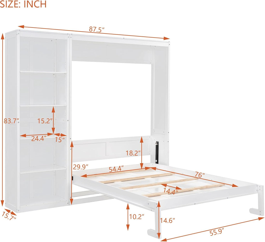 MERITLINE Full Murphy Bed with Storage Bookcase Shelves,Wood Folding White Murphy Wall Bed Cabinet