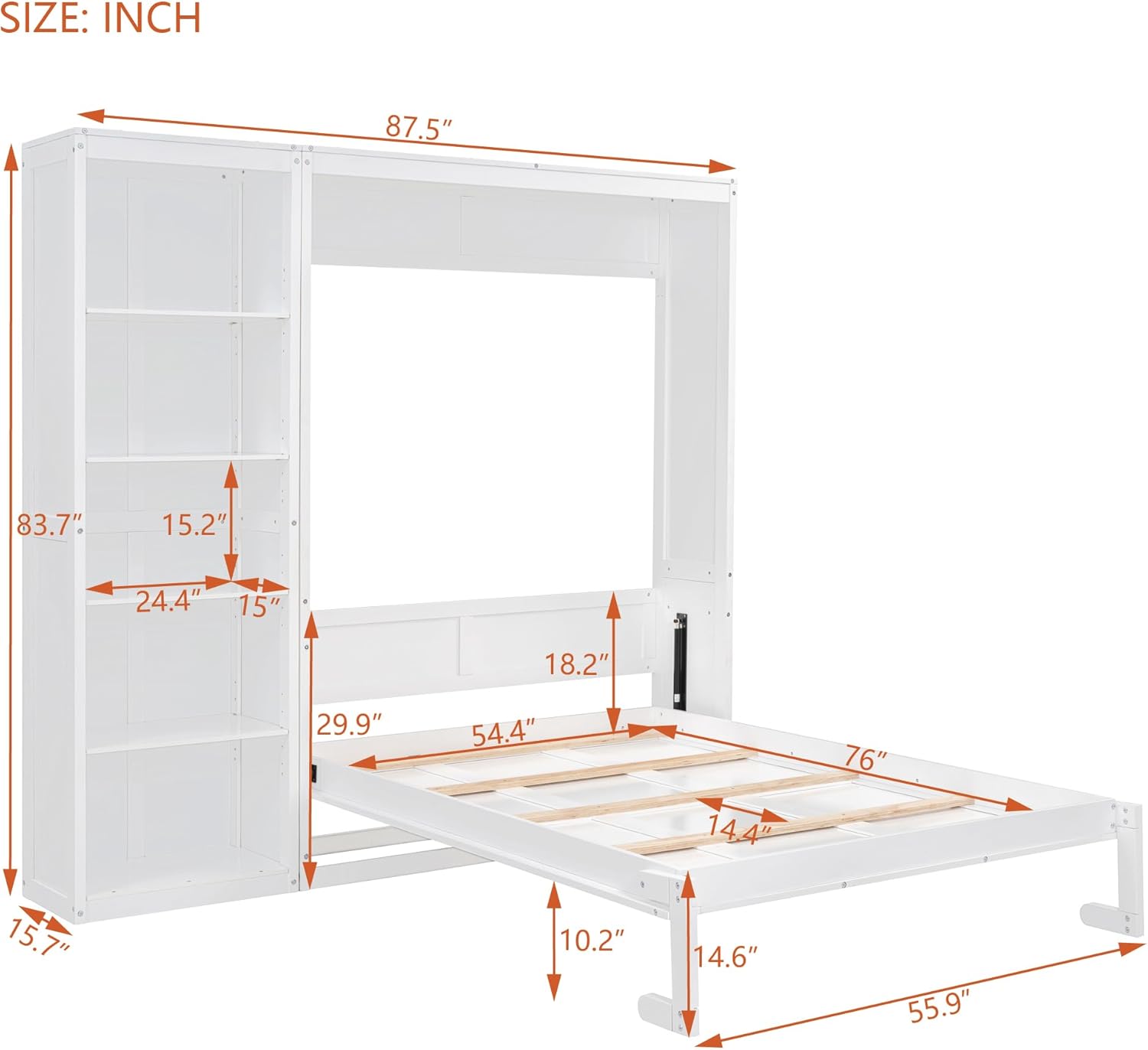 MERITLINE Full Murphy Bed with Storage Bookcase Shelves,Wood Folding White Murphy Wall Bed Cabinet