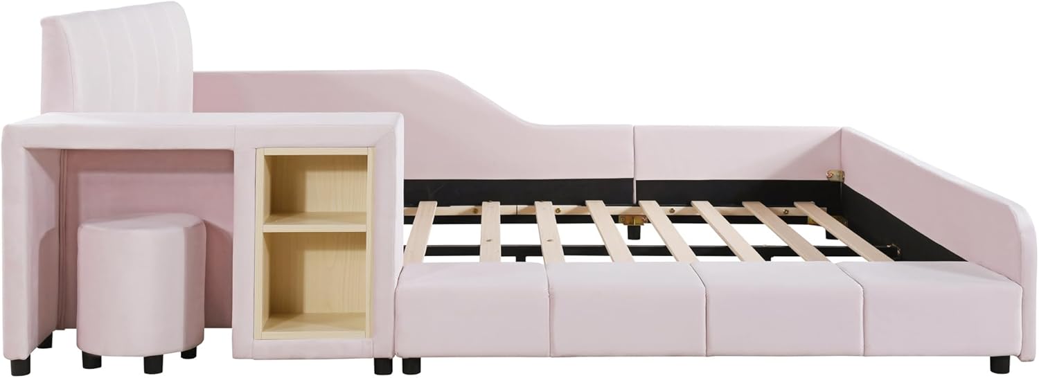 Merax Full Size Velvet Bed Frames Upholstered Grounded Bed, Wooden Mother & Child Bed with Bedside Desk and Little Round Stool,Kids Adults Bedroom Floor Platform Bed,Pink