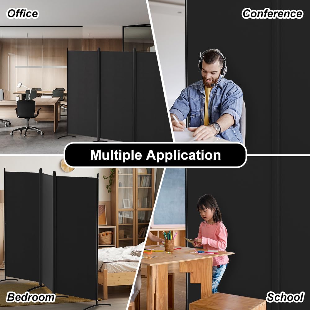 Kokorona 3 Panel Room Divider, 6FT Tall Folding Privacy Screen Wall Dividers, Portable Privacy Screen Freestanding Room Divider for Room Separation, Included - Cover Strips, Black, 102''W x 71''H