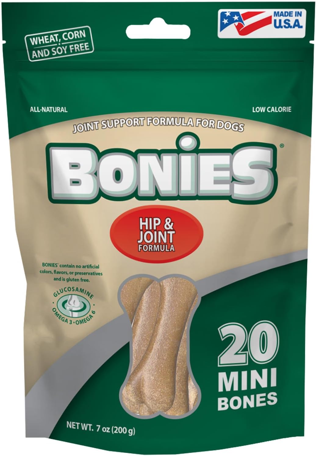 Bonies Natural Hip & Joint Formula Minis-Sized Single Bone, Glucosamine & Omega Fatty Acids, Fresh Breath, Clean Teeth, Low Calories, Chicken Flavor, MINI Dogs, 20 Bones
