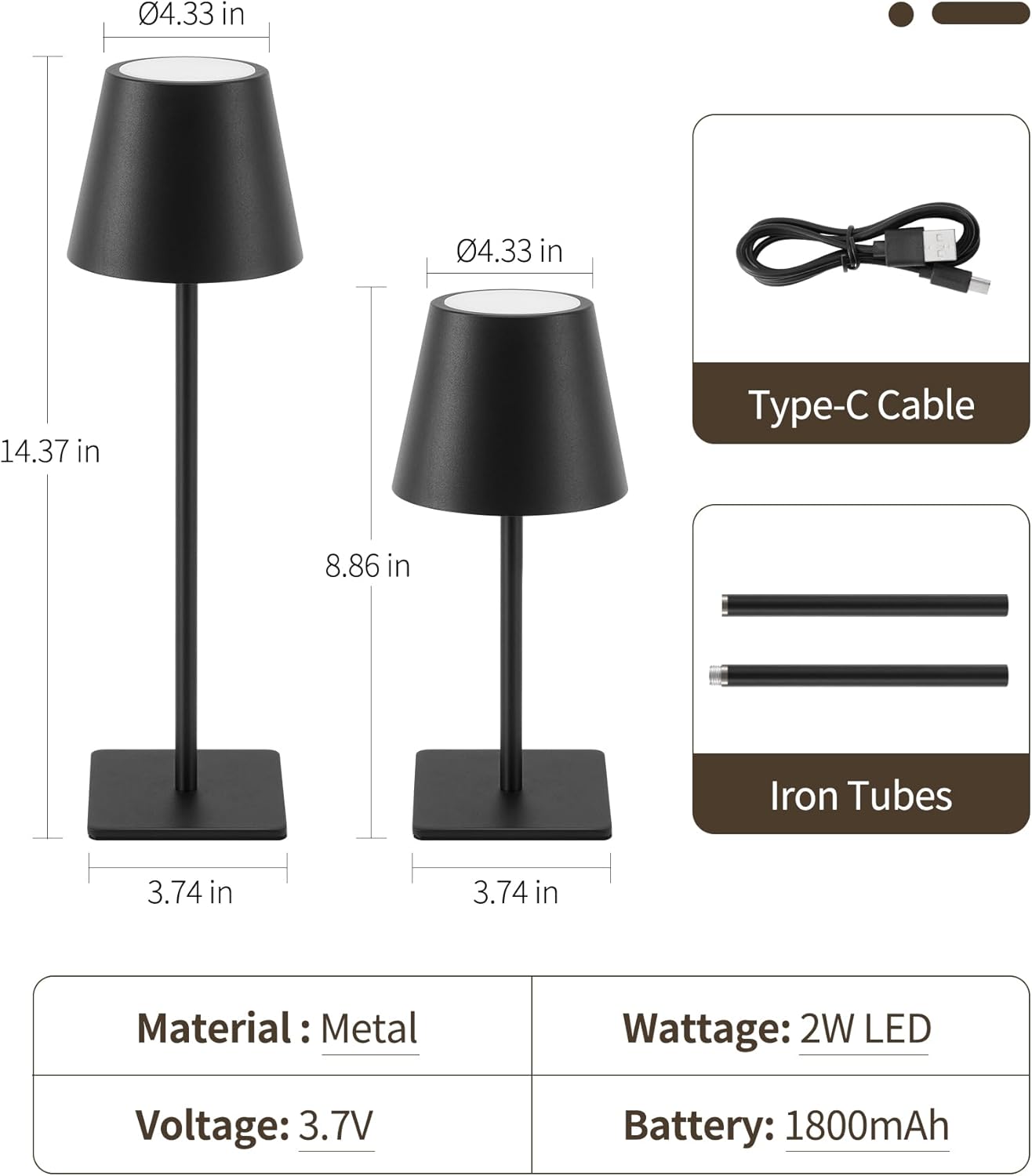 UME 3 Pack Cordless Table Lamp, Battery Operated Lamp - Portable Waterproof Rechargeable Table Lamp w/ 3 Color Temps & Stepless Dimming for Dinner, Desk, Cafe, Outdoor (Black)