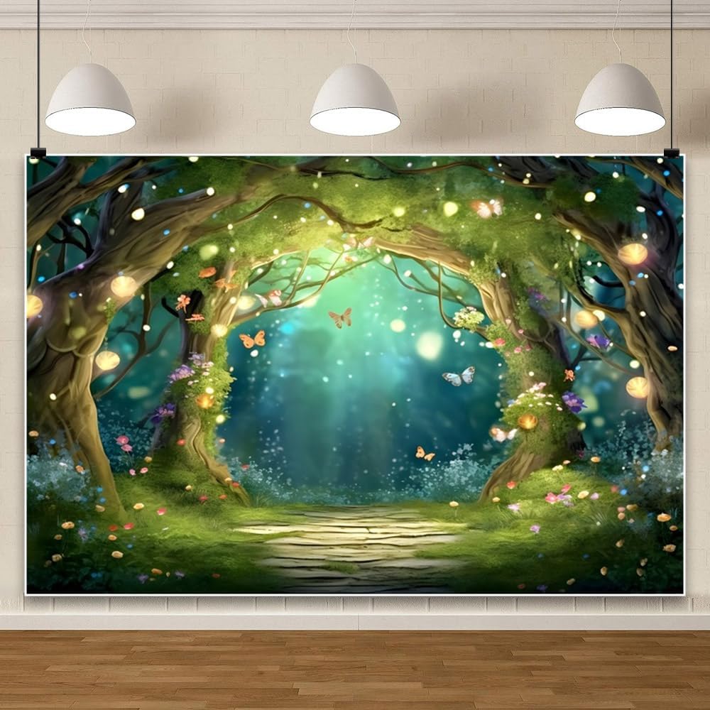 8x6ft Spring Enchanted Forest Backdrop Fairy Tale Wonderland Photography Background Butterfly Flower Brick Road Banner Decorations Newborn Baby Shower Birthday Party Photo Booth Props