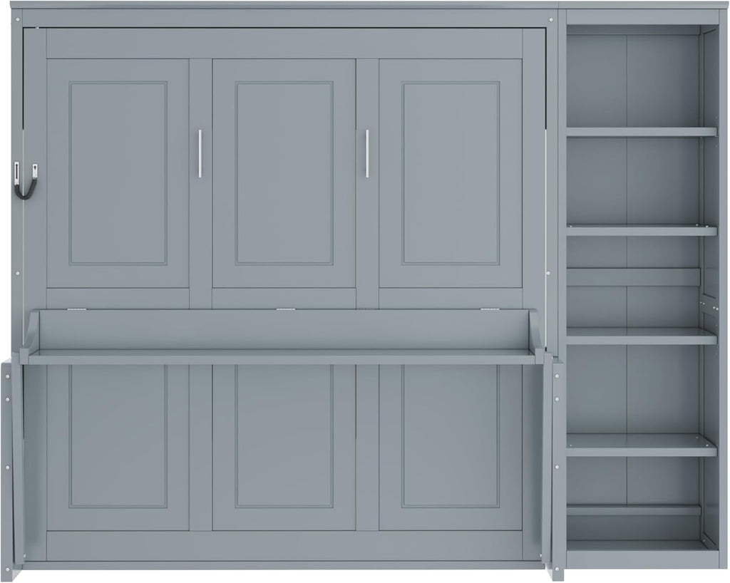 MERITLINE Queen Murphy Bed with Desk and Storage Shelves,Wood Hideaway Murphy Wall Bed with Storage Bookcase for Adults (Grey)