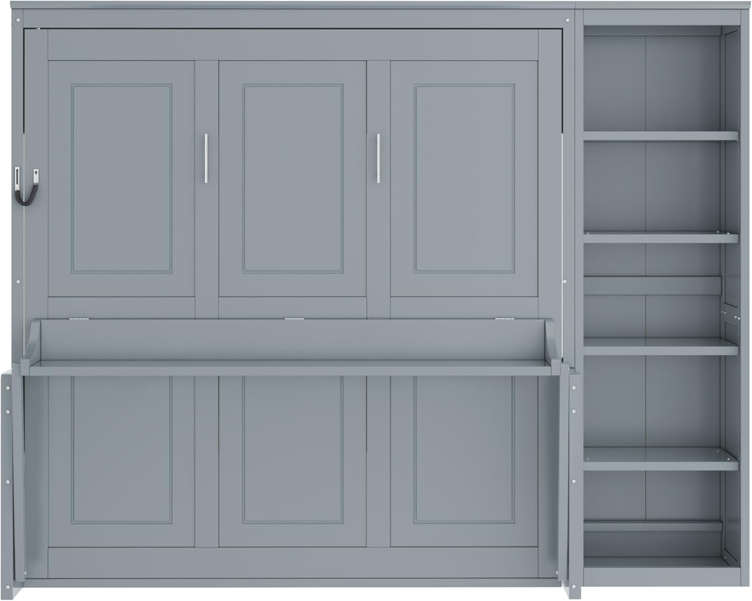 MERITLINE Queen Murphy Bed with Desk and Storage Shelves,Wood Hideaway Murphy Wall Bed with Storage Bookcase for Adults (Grey)