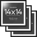 Homeforia 14x14 Black Wood Frame, High End Oak 14 x 14 Square Picture Frames with Mat 12 by 12 inches Photo, 14by14 Black Wooden Poster Frames Matted to 12x12 Print, Tempered Glass, Wall Kit, Set of 3