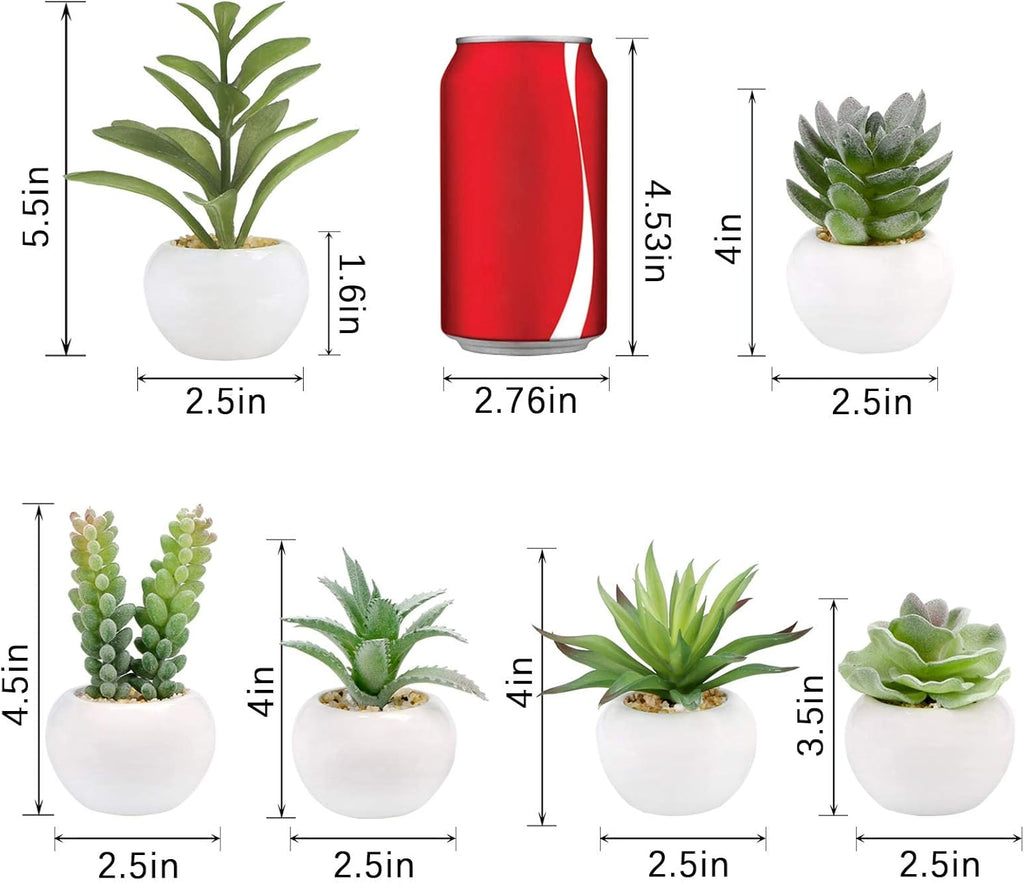 GREENTIME 6 Pcs Green Artificial Succulent Plants in Mini White Ceramic Pots Small Fake Succulent Plant Faux Indoor Decor Bedroom Desk Bathroom Office Living Room Table Shelf Home Decoration
