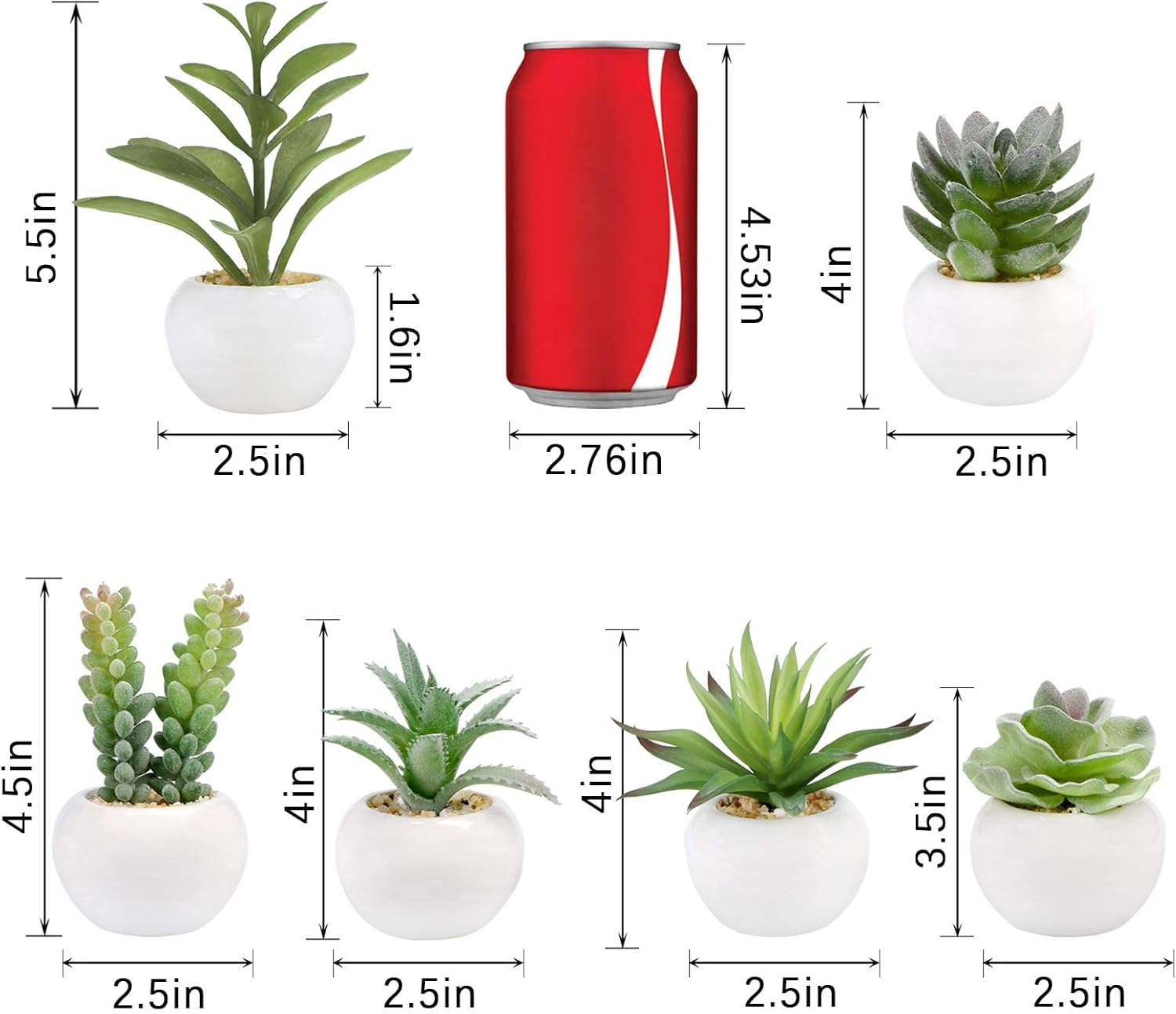 GREENTIME 6 Pcs Green Artificial Succulent Plants in Mini White Ceramic Pots Small Fake Succulent Plant Faux Indoor Decor Bedroom Desk Bathroom Office Living Room Table Shelf Home Decoration