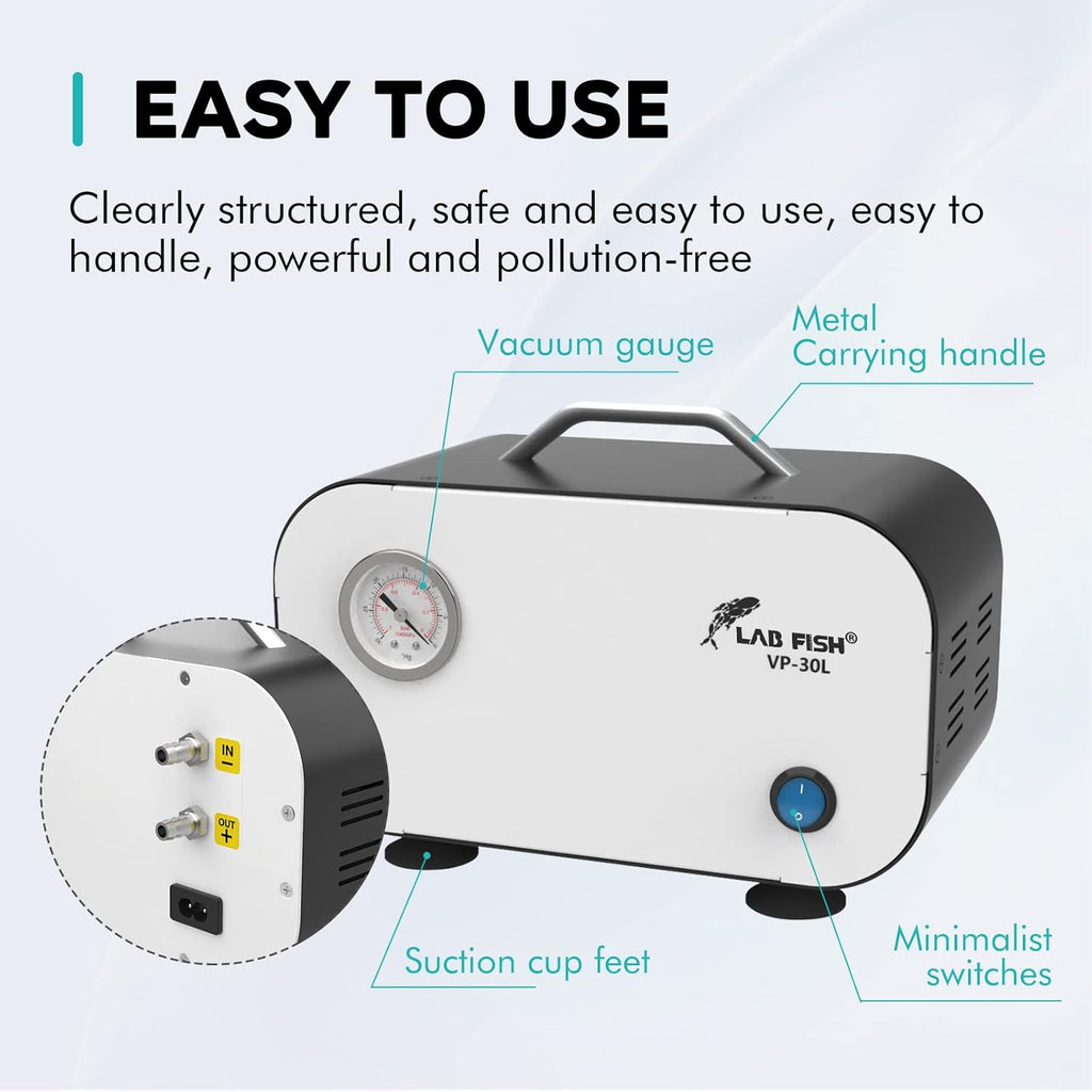 LAB FISH Lab Vacuum Pump Portable Oilless Diaphragm Vacuum Filtration 30L/min Positive and Negative Pressure & Rubber Tube,110V-220V