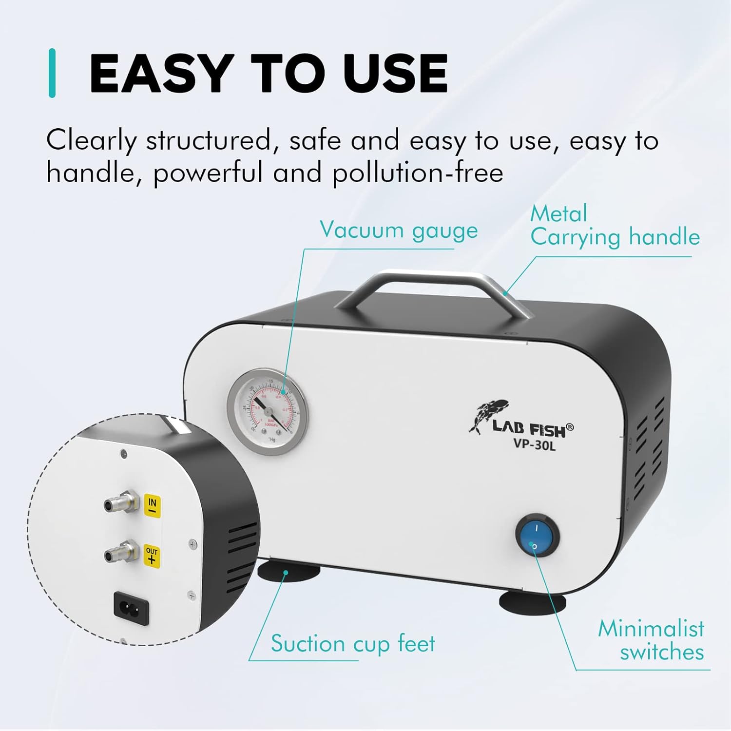 LAB FISH Lab Vacuum Pump Portable Oilless Diaphragm Vacuum Filtration 30L/min Positive and Negative Pressure & Rubber Tube,110V-220V