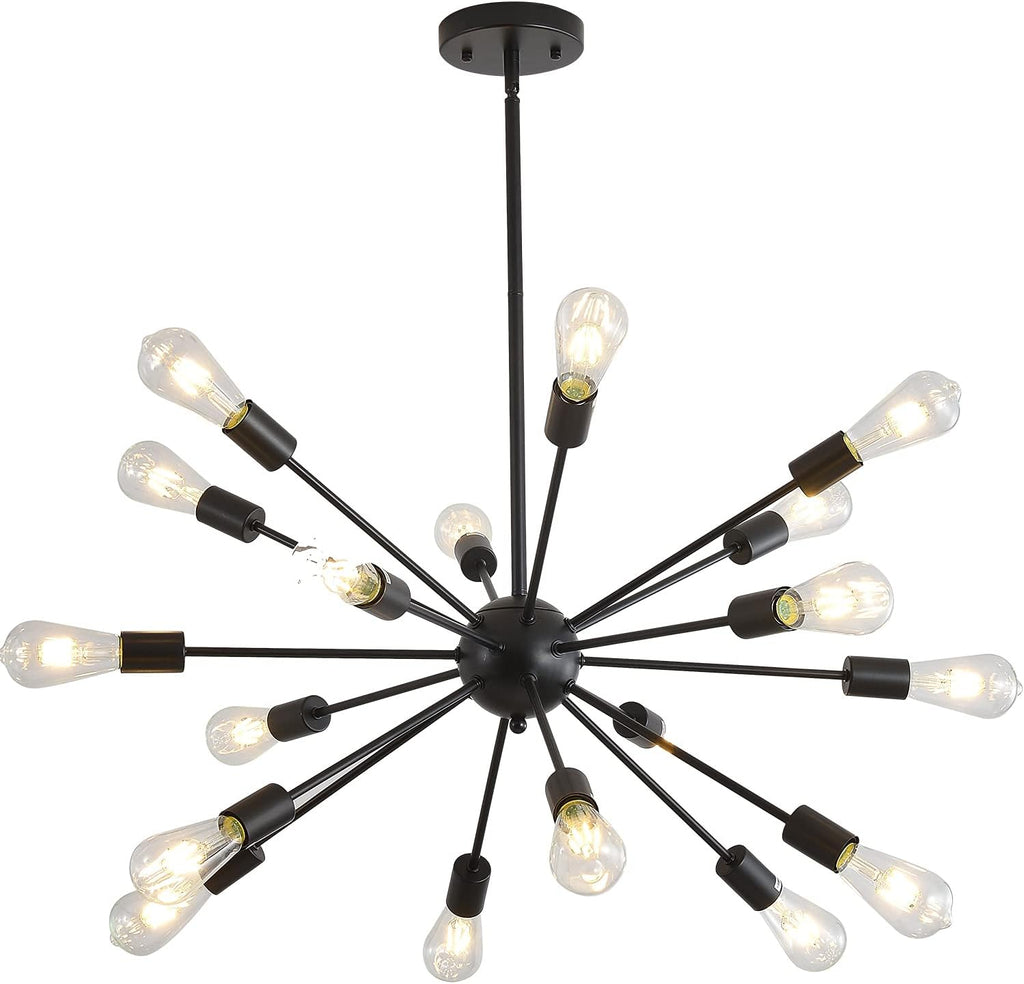Mid-Century Sputnik Chandeliers 18-Lights, Modern Semi Flush Mount Ceiling Light Fixture Industrial Retro Hanging Lamps for Kitchen Living Room Dining Bedroom Corridor, Black（Bulb Not Included）