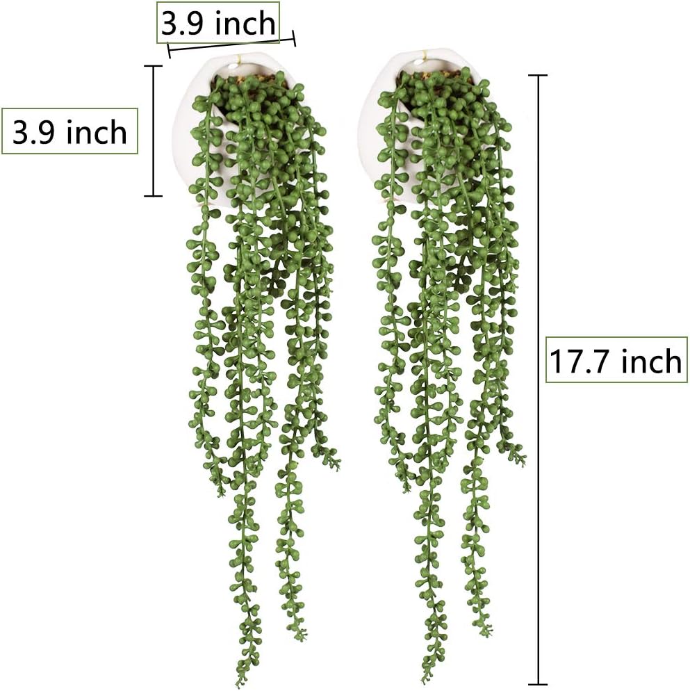 Tiita Artificial Succulents Hanging Plants, Faux String of Pearls Plants for Home Office Accessories Window Sill Bathroom Bedroom Fake in White Ceramic Pots, Set of 2