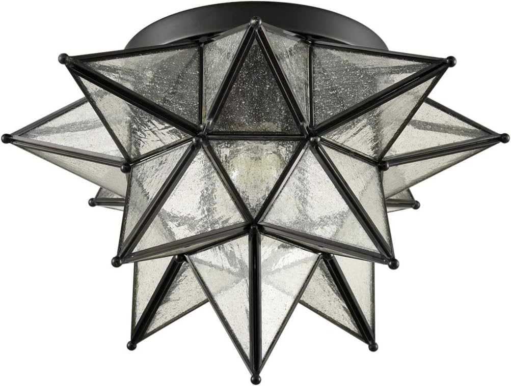 DAYCENT Boho Moroccan Seeded Glass Moravian Star Light Fixture Ceiling Flush Mount Hallway Kitchen, Black, 15 Inches