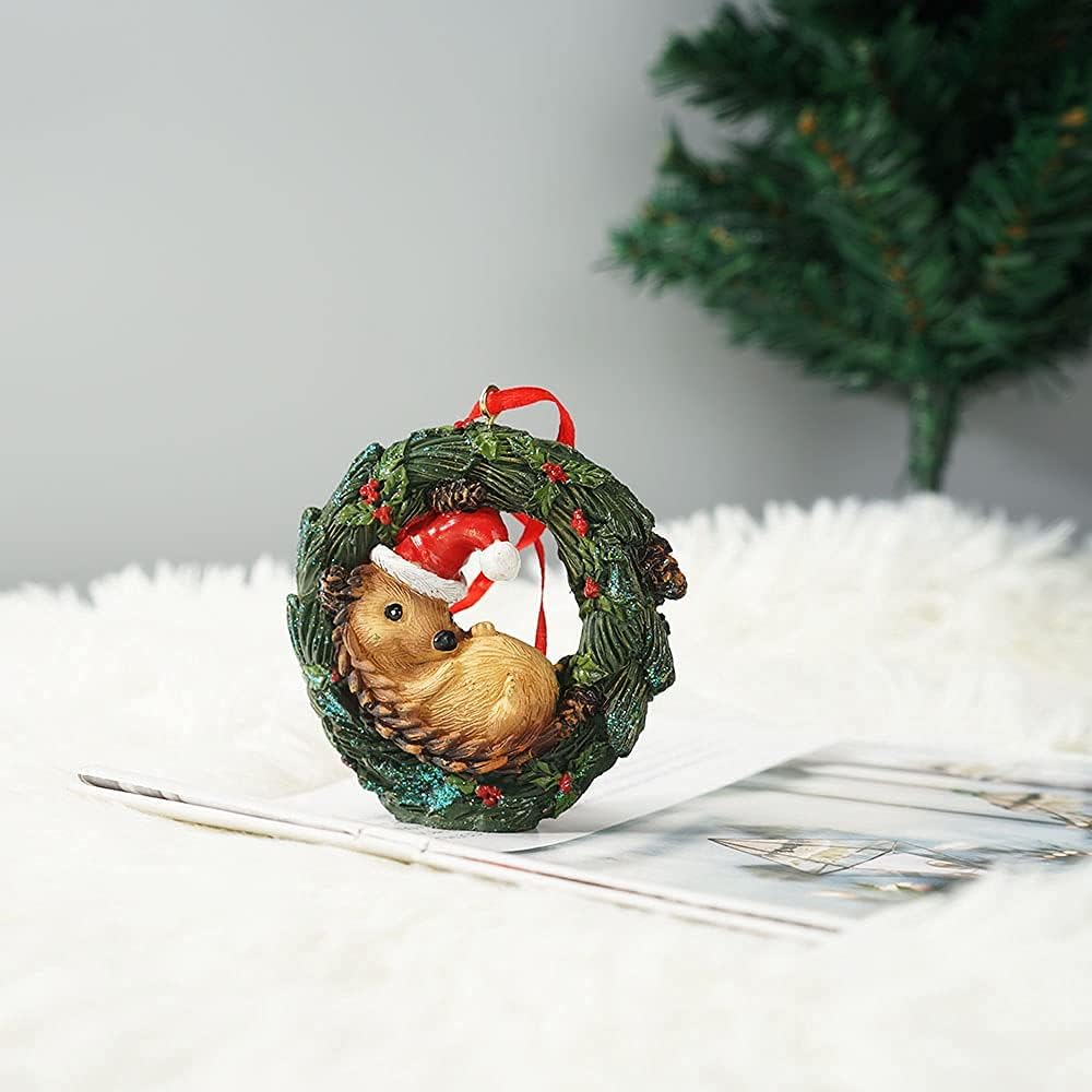 Christmas Small Animal Wreath Swing Ornament Hanging Decor for Xmas Tree Home Office Room Decoration with String (New, Hedgehog)