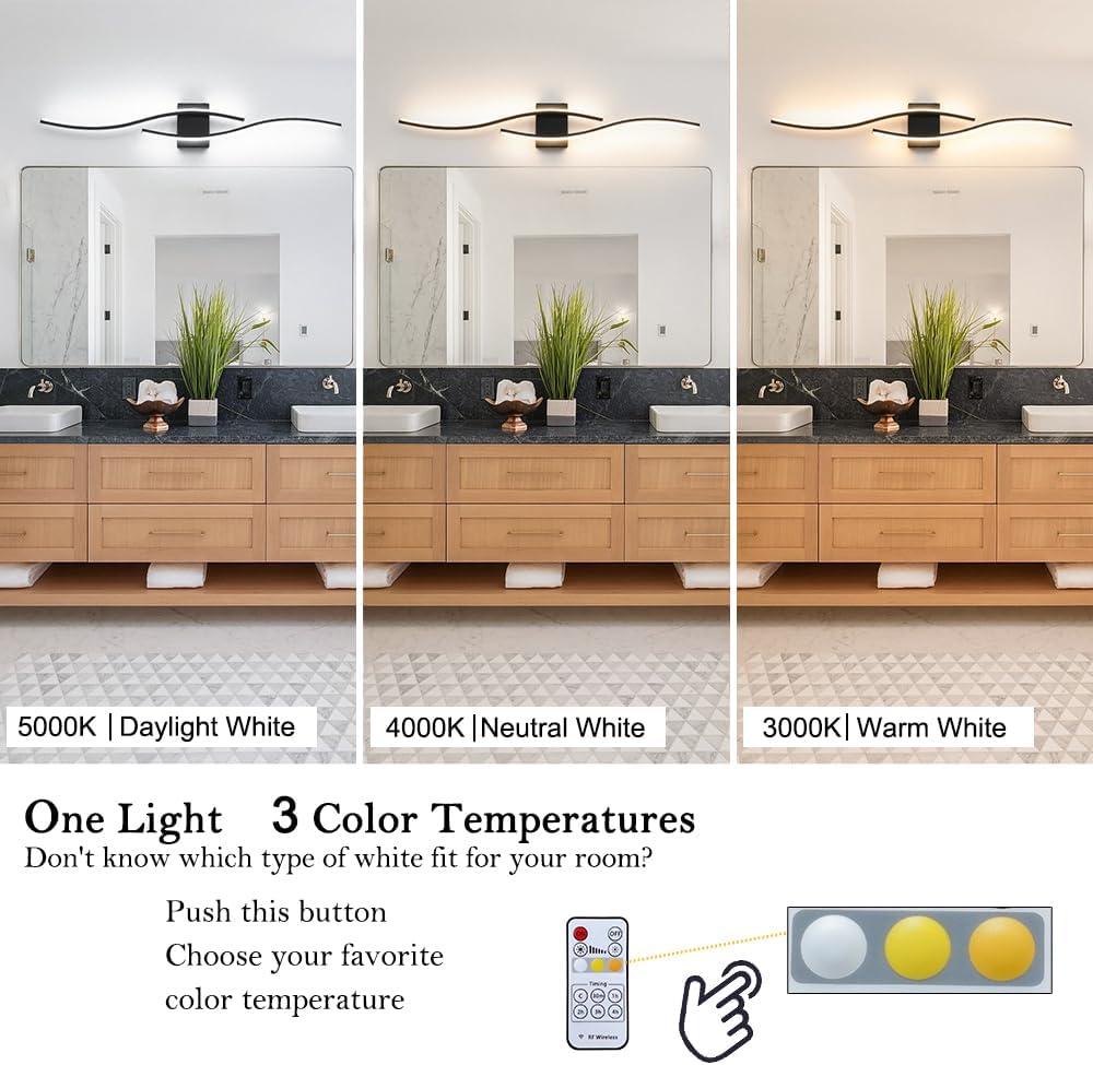Black Vanity Lights Fixtures Over Mirror, Modern LED Bathroom Light Fixture with Remote Control, 3CCT Dimmable Bathroom Vanity Light 40.5 inch Wall Sconce Lighting for Bedroom, Living Room
