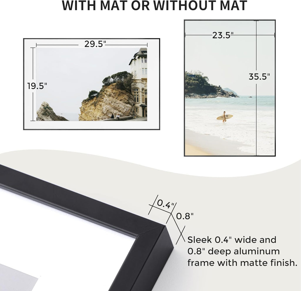 Fun Memories 24x36 Picture Frame, 24 x 36 Metal Poster Frame with Mat for 20x30-Tempered Glass Front- Vertical and Horizontal Display - Wall Hook Hanging Hardware Included -Black