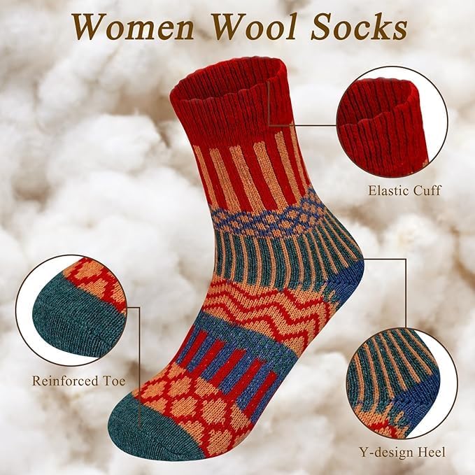 Justay 5 Pairs Wool Socks for Women - Winter Thick Boot Cozy Crew Vintage Soft Calf Knit Warm Socks Gifts