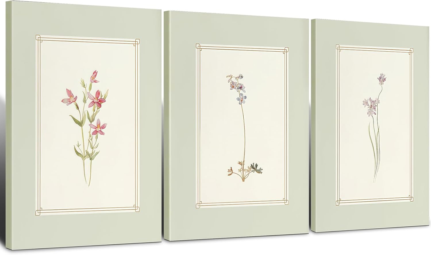 3pcs Framed Simple Vintage Floral Botanical Flower Wall Art Decor Canvas Print Natural Plant Artwork Wall Painting Poster Gallery Bedroom Living Room Office Decor 12x16 Inch Ready to Hang