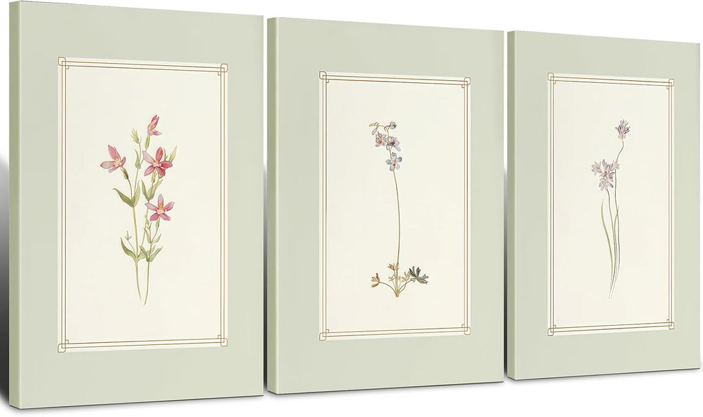 3pcs Framed Simple Vintage Floral Botanical Flower Wall Art Decor Canvas Print Natural Plant Artwork Wall Painting Poster Gallery Bedroom Living Room Office Decor 16x24 Inch Ready to Hang