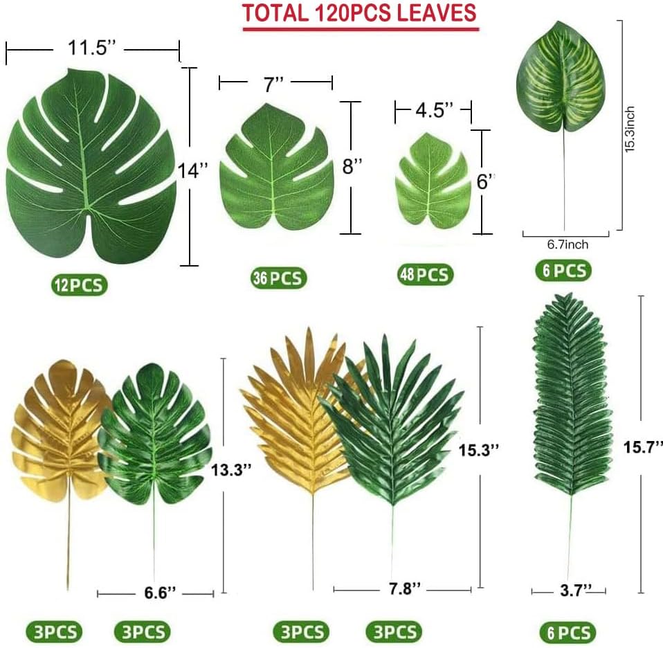 120Pcs 9 Kinds Artificial Tropical Leaf Jungle Leaves Golden Plant Safari Leaves Decorations for Hawaiian Party Beach Birthday Luau Party Decorations