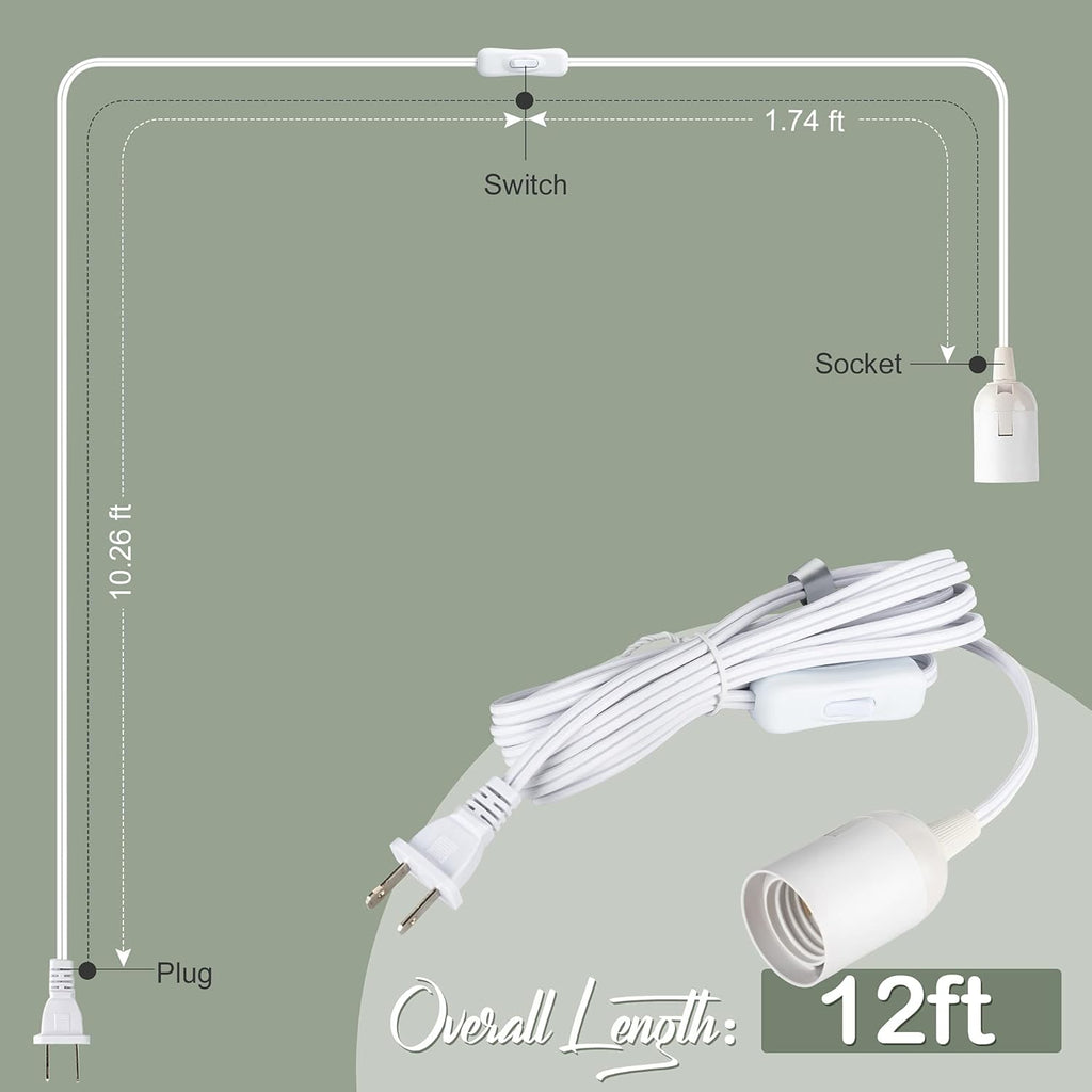 JACKYLED Extension Hanging Lantern Cord Cable UL 12Ft E26 E27 Socket On/Off Switch Plug in Pendant Lighting for Kitchen Bedroom Plant Growth Light