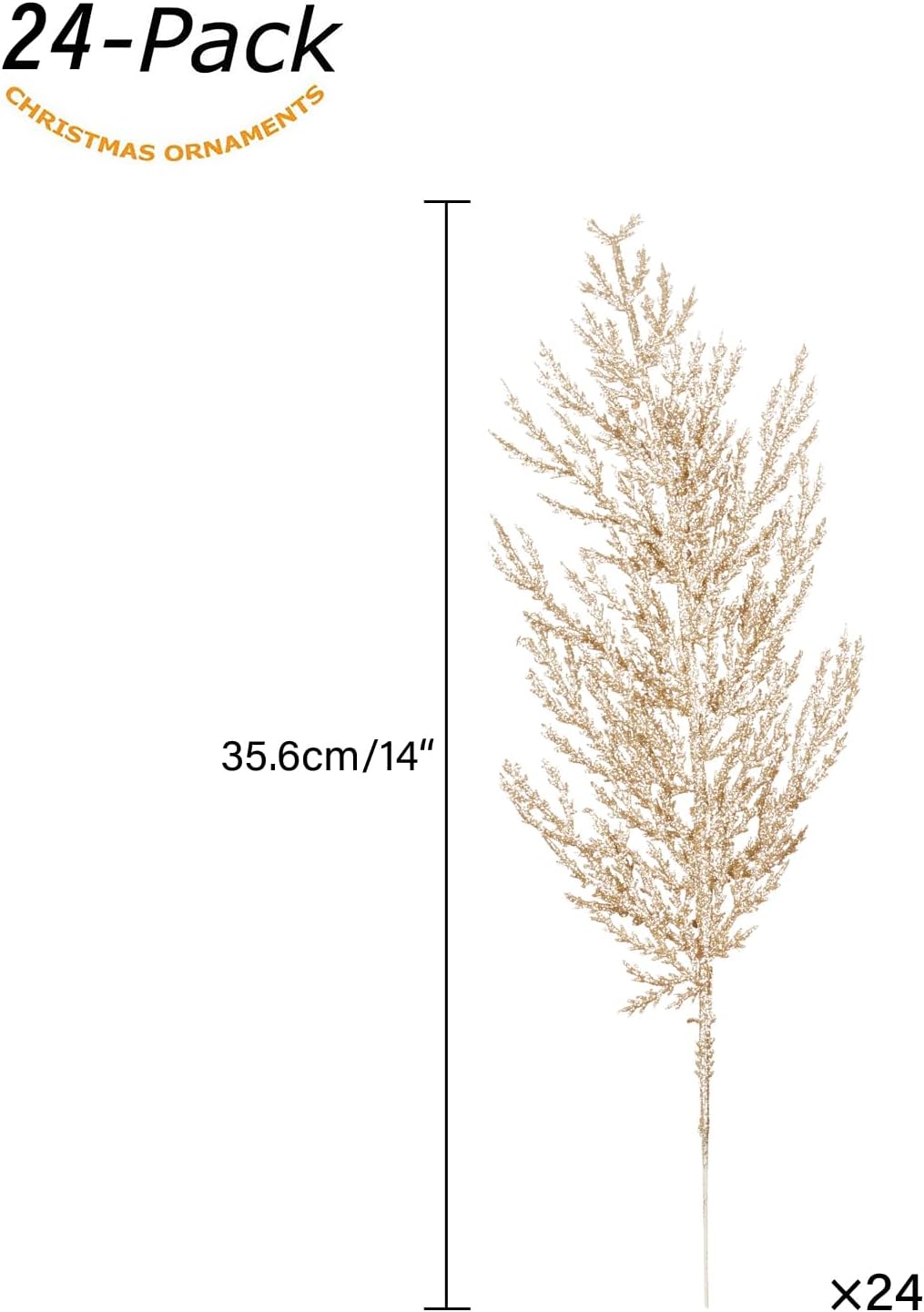 Christmas Glitter Stems 24pcs Artificial Pine Tree Picks for Christmas Tree Ornaments fillers, DIY Xmas Wreath, Crafts, Garland, Holiday, Party, Wedding and Home Decoration (Champagne Gold)