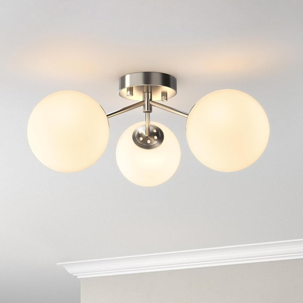 Maxax 17" Nickel Ceiling Light, 3 Lights Modern Flush Mount Fixture with Opal Milk Glass Globe, Mid Century Semi Chandelier, Sputnik Ceiling Lamp for Dining Room, Bedroom, Entryway, Hallway