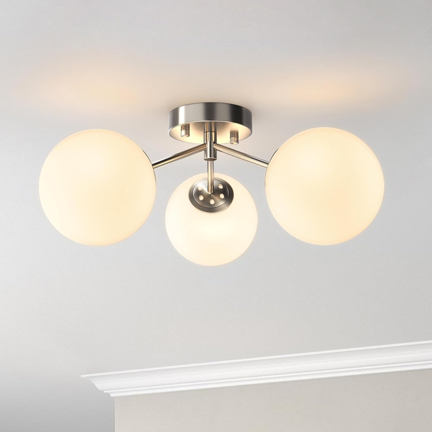 Maxax 17" Nickel Ceiling Light, 3 Lights Modern Flush Mount Fixture with Opal Milk Glass Globe, Mid Century Semi Chandelier, Sputnik Ceiling Lamp for Dining Room, Bedroom, Entryway, Hallway