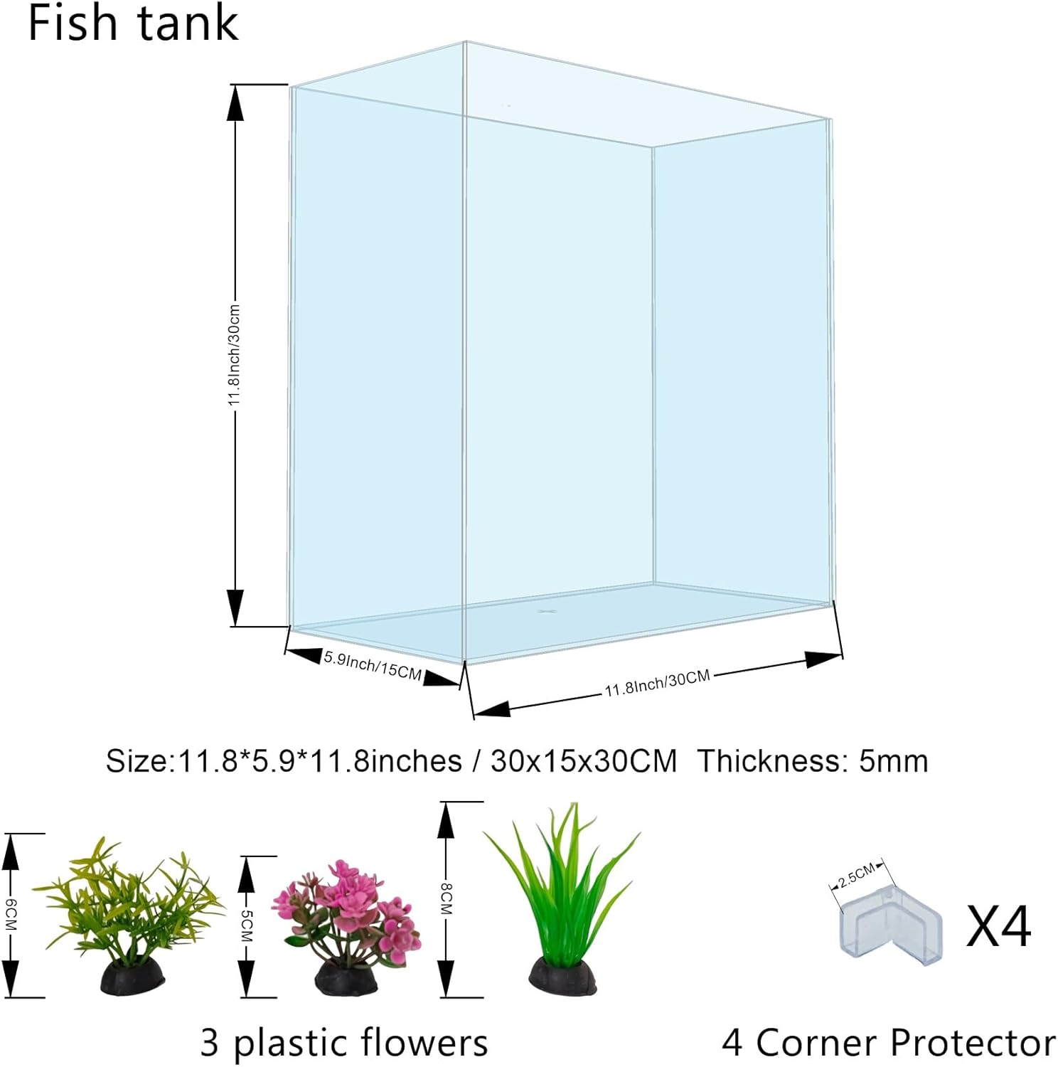 High-Clarity 3.5 Gallon Fish Tank 30 * 15 * 30CM - Low Iron Glass Aquarium with Space-Saving Thin & Narrow Designs | Includes Non-Slip Mat, Corner Guards + Decor | Ideal for Desktop/Bathroom