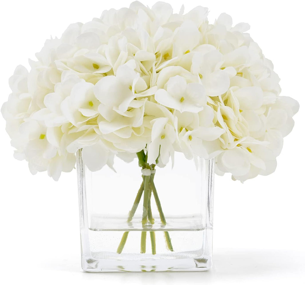 Silk Hydrangea Artificial Flowers in Vase with Faux Water, Silk Flower Arrangements in Vase for Wedding, Dining Table, Living Room (Cream White)