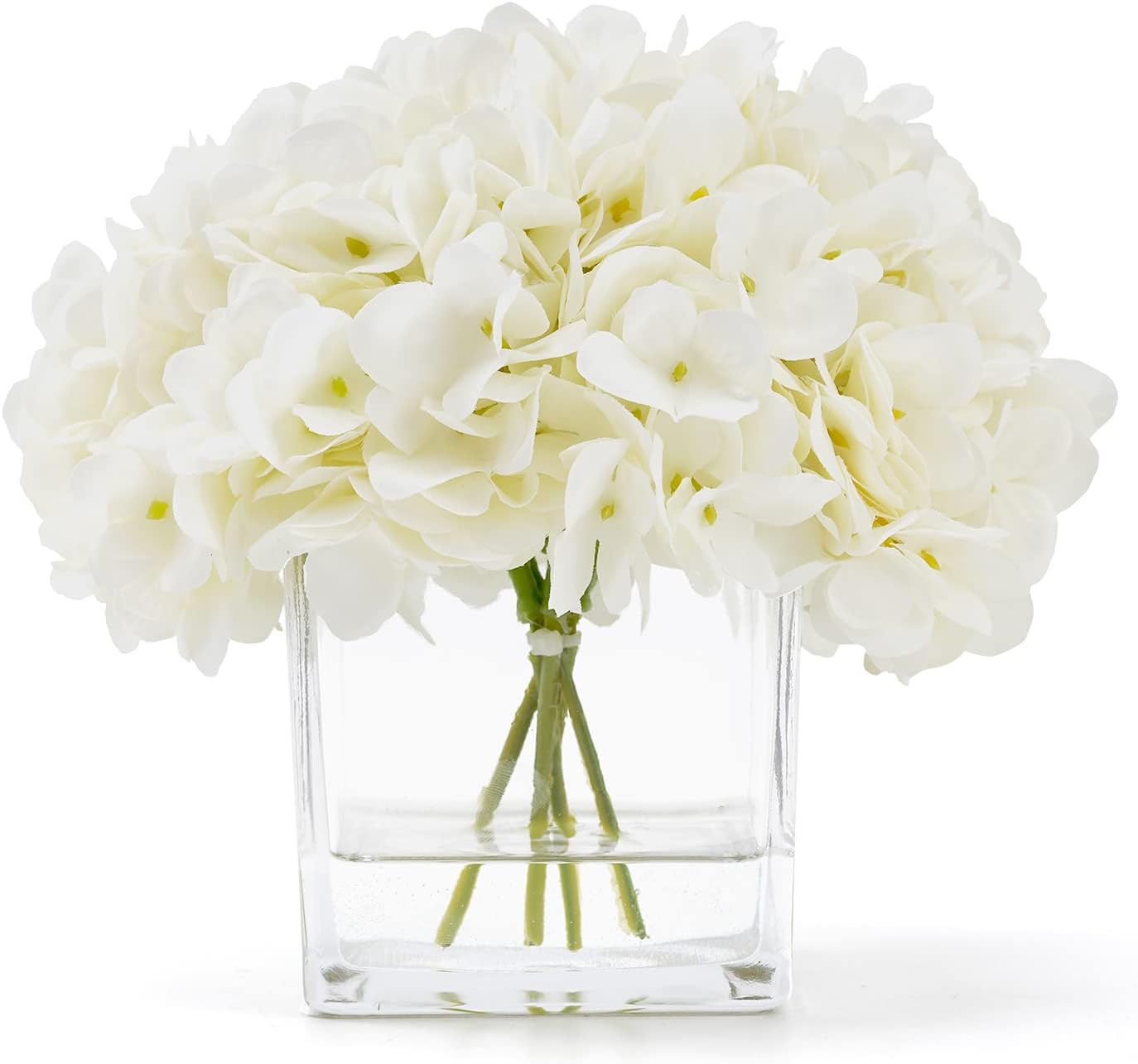 Silk Hydrangea Artificial Flowers in Vase with Faux Water, Silk Flower Arrangements in Vase for Wedding, Dining Table, Living Room (Cream White)