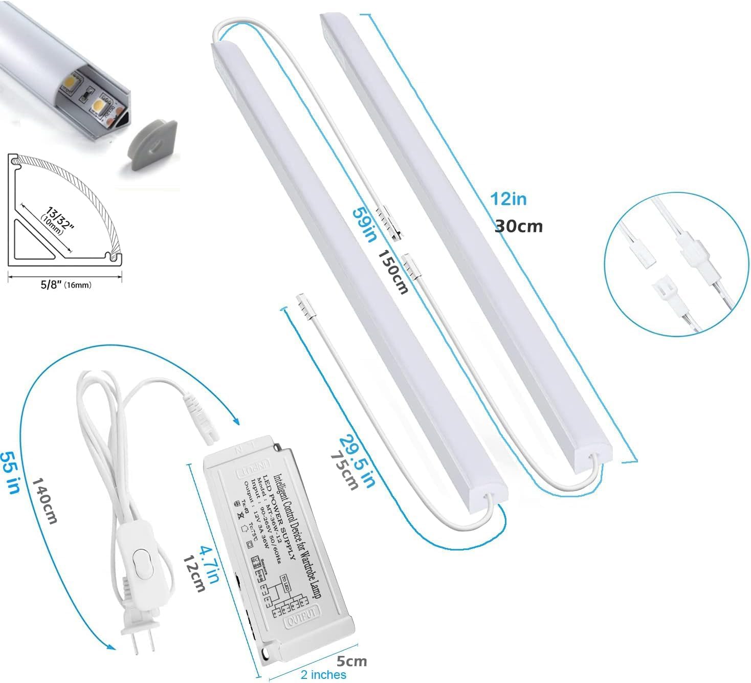 Cefrank Under Cabinet Lighting, 8pcs 12" V-Shape Linkable LED Light Bars for Kitchen Cabinet, Showcase Display, Shelf - 16Watt 1600Lumens - Pure White (6000K)