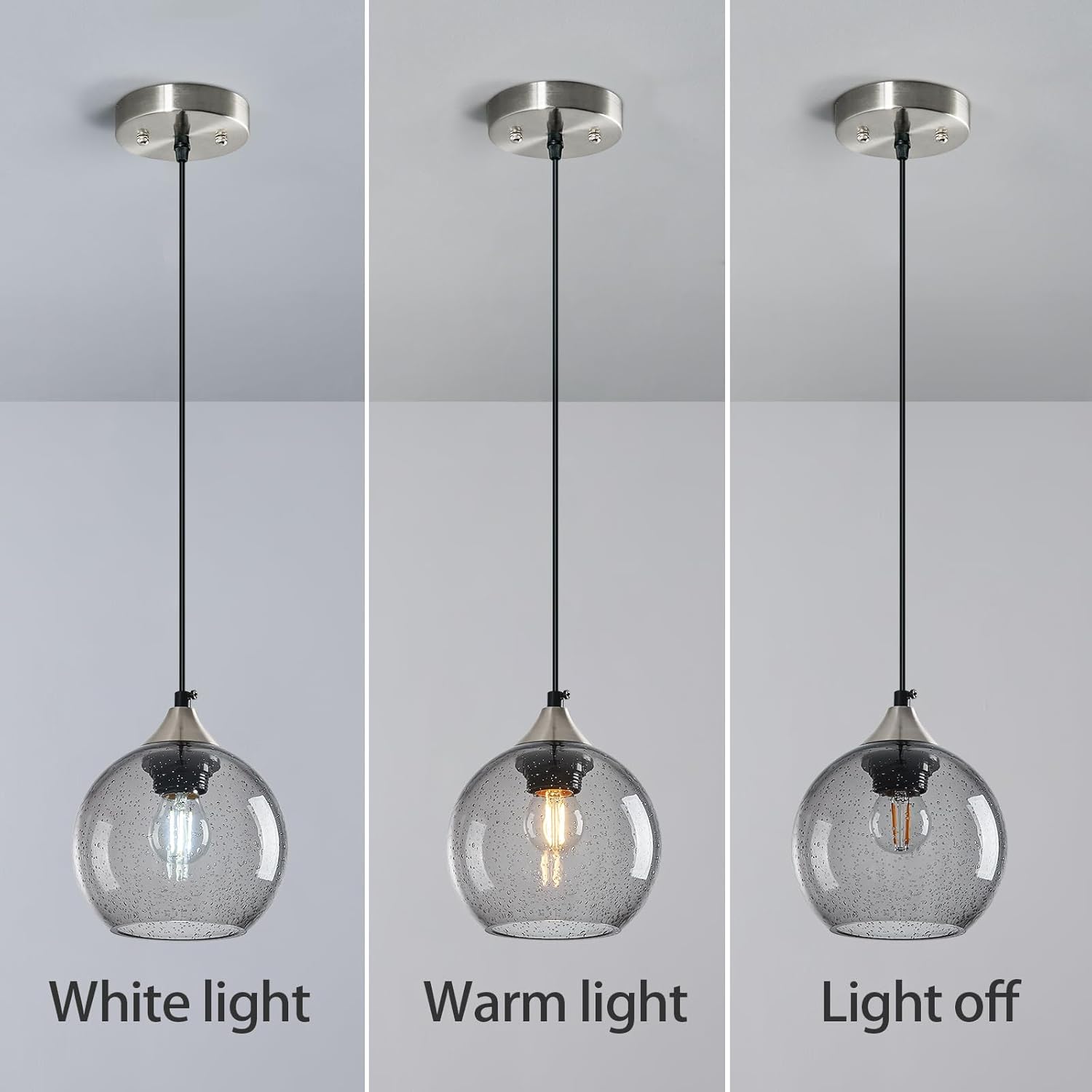 Light Grey Glass Pendant Lights Kitchen Island Globe Pendant Light Fixtures Modern Pendant Lighting for Bedroom Living Dining Room Light Fixture (5.9 in, 3 Pack)