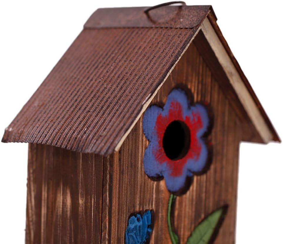 Topadorn Wooden Birdhouse, Carved Floral Bird House for Outdoor Yard Garden Porch Patio Decor, Brown Hanging Wild Bird House, Gift for Bird Lovers