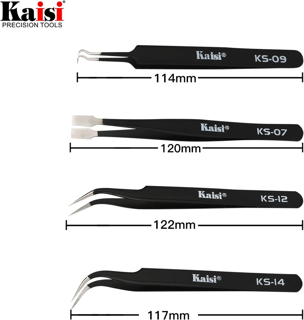 Precision Tweezers Set, Kaisi 10 PCS ESD Tweezer Set, Anti-Static Stainless Steel Tweezers Kit Curved Tweezers for Craft, Jewelry, Electronics, Laboratory Work