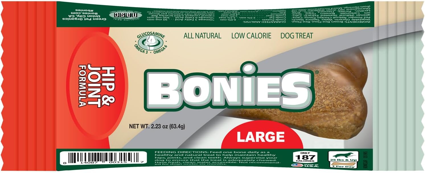 Bonies Natural Hip & Joint Formula Large-Sized Single Bone, Glucosamine & Omega Fatty Acids, Fresh Breath, Clean Teeth, Low Calories, Chicken Flavor, [Large Dog], 1 Bone