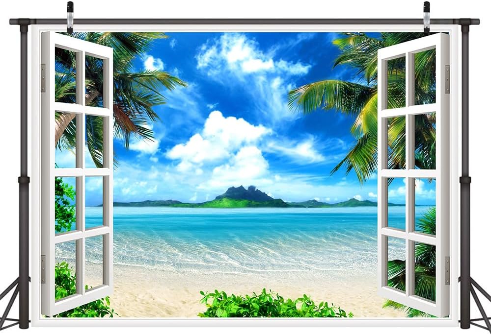 Beach Backdrop,Tropical Seaside Summer Hawaii Photography Backdrops,Natural Scenery Blue Sky White Clouds Photo Booth Wedding Luau Themed Party Party Decoration Background Studio Photo Props 9X6FT