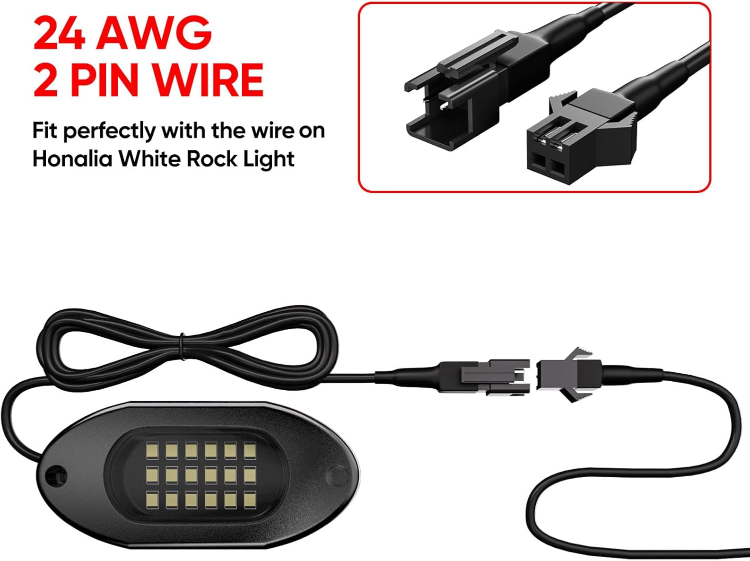 Honalia Pure White Rock Light Extension Wire 4 PCS, Extension Cable 47 Inch 2 Pin, 6000K White LED Rock Lights for Trucks UTV ATV RZR Golf Cart