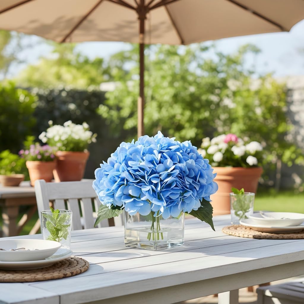 Silk Blue Artificial Hydrangea in Vase with Faux Water, Silk Flower Arrangements in Vase for Home Decor, Wedding Table (Blue)