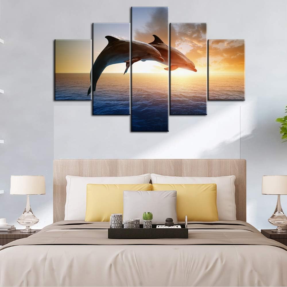 Fish Artwork for Walls Portraits of Dolphin Pictures Marine Sunset Paintings for Living Room 5 Panel Printed on Canvas Undersea Animal Wall Art Home Decor Stretched Framed Ready to Hang(60''Wx 40''H)