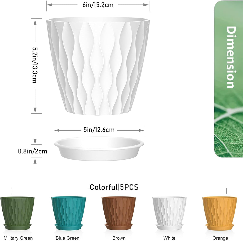 6 inch Plant Pots, 5Pack Water Ripple Flower Pots for Indoor Outdoor Plants, Plastic Planters with Drainage Holes and Saucers, Nursery Pots for Small Succulent Garden House Plants, Multicolor