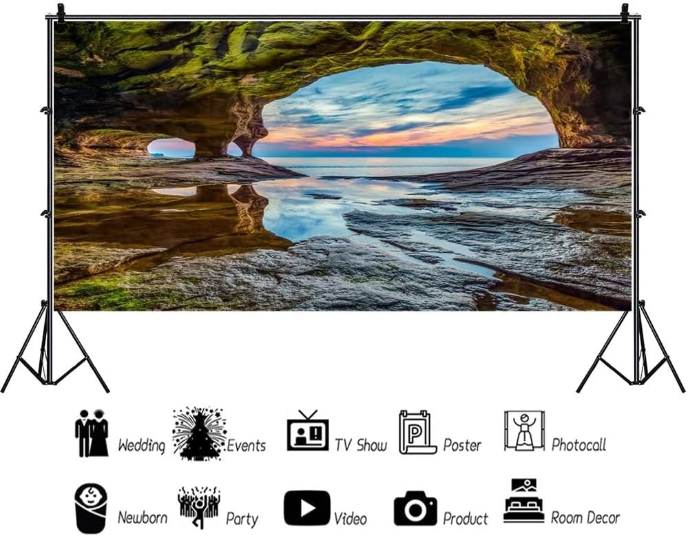 12x6ft Ocean Backdrop Summer Tunnel Mountain Sunset Blue Lake Water Moss Seaside Scenery Luau Photography Background Party Holiday Birthday Wedding Studio Photo Props Polyester