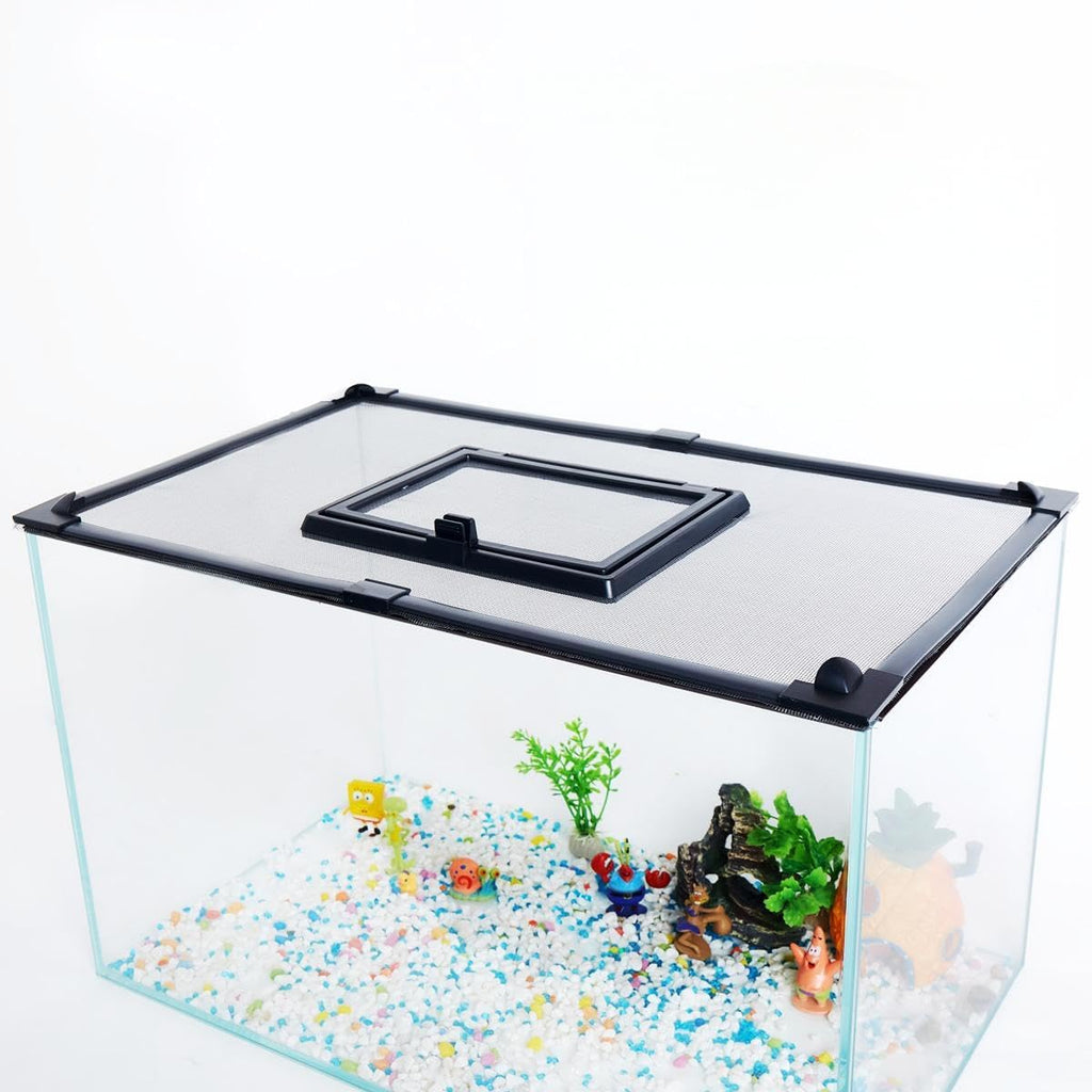 Magnetic Fish Tank Cover with Feeding Window Dark Grey Frame Grey Fiberglass Mesh, DIY Magnetic Fish Tank Lid 39"x19"(100x50CM), Preventing Fish from Jumping Out The Size can be Adjusted Smaller