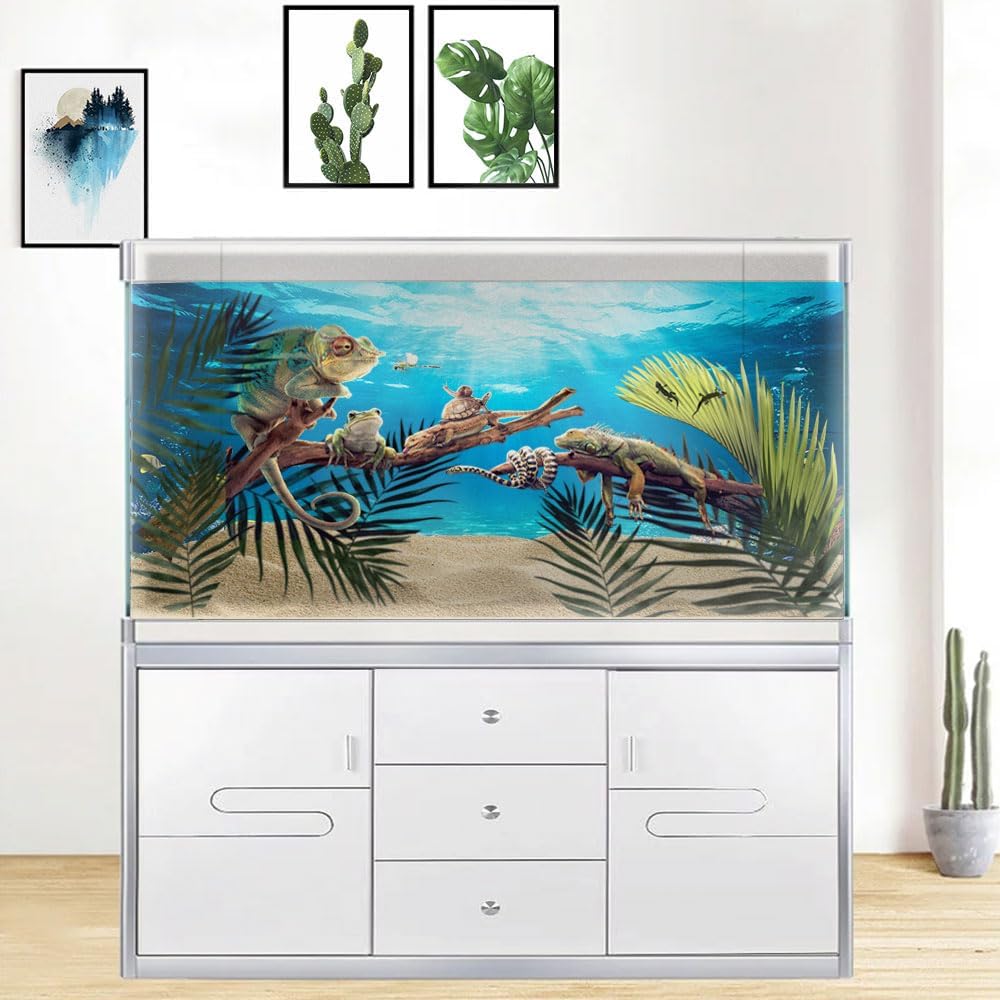 36X20IN Aquarium Background Under The Sea Coral Reef Scenery Backdrop Terrarium Background Underwater Marine Organism Fish Tank Background with 10EVA Double-Sided Tape, Blue02