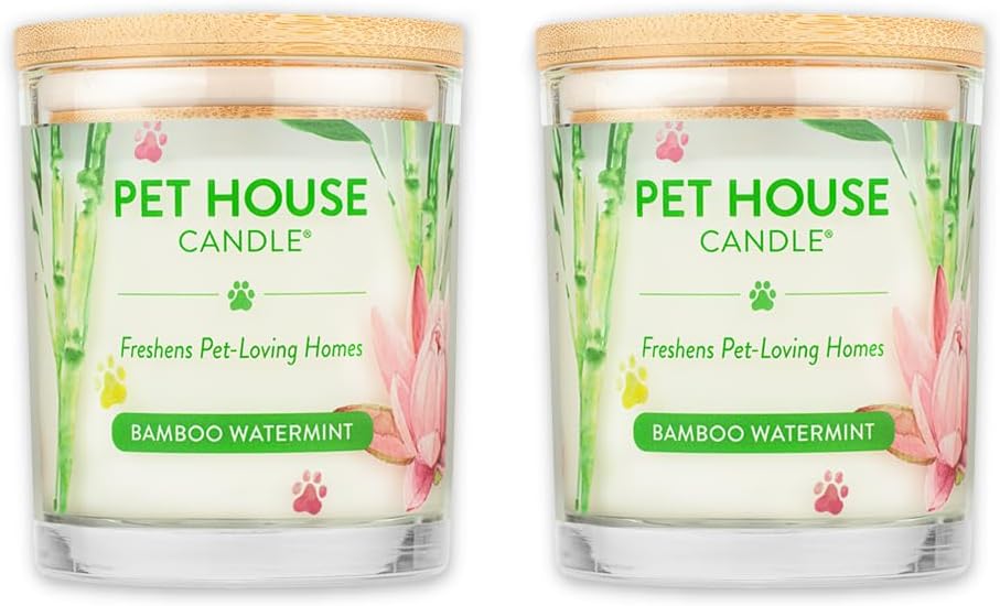 One Fur All Pet House Candle 2 Pack - Plant-Based/Soy - Clean Burning Scented, Long Lasting Pet Odor Candle for Home - Bamboo Watermint