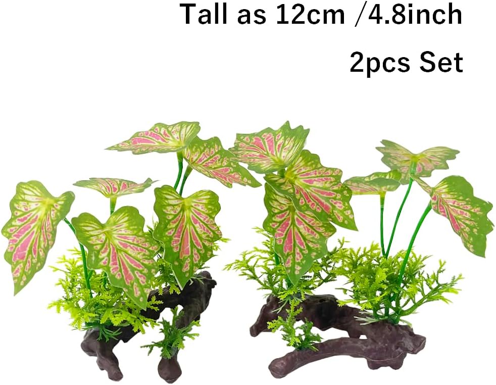 Smoothedo-Pets Aquarium Plant Fish Tank Decoration Small Plastic Artificial Plant Goldfish Fish Hide (Rainforest Leafs-Pink-Small-Set)
