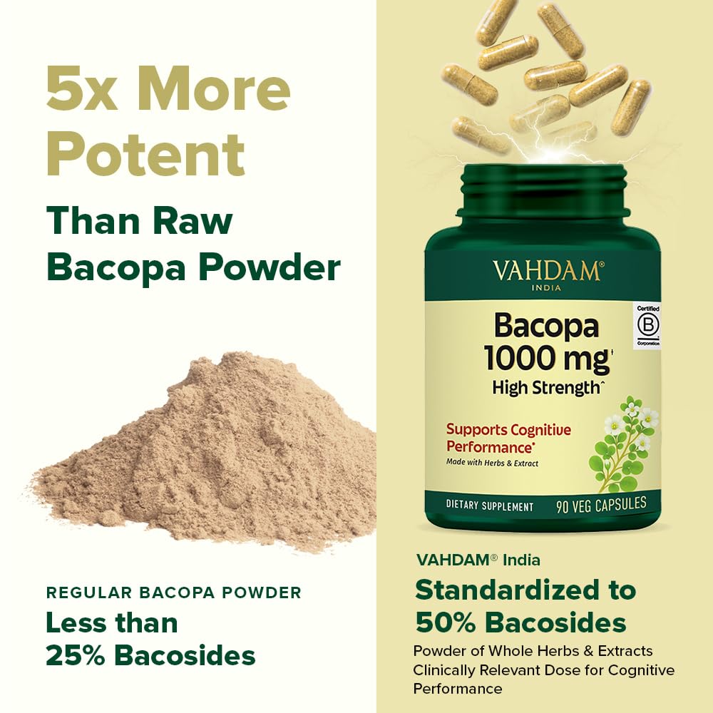 VAHDAM Bacopa Monnieri Capsules 1000mg | Supports Cognitive Performance | High Strength Made with Herbs & Extract | 90 Veg Capsules
